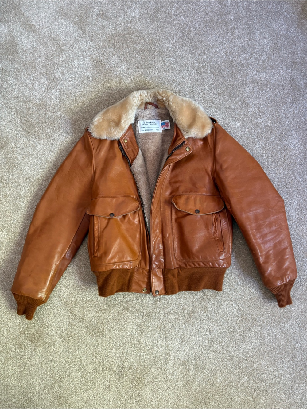 Schott NYC Leather Bomber Jacket with Shearling Collar - Cognac